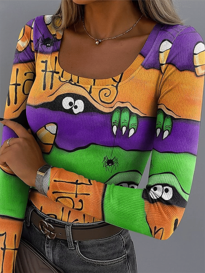 Women's Halloween Design Retro Fashion Classic Long-Sleeved Square Neck Pit Strip Fabric Long-Sleeved T-Shirt