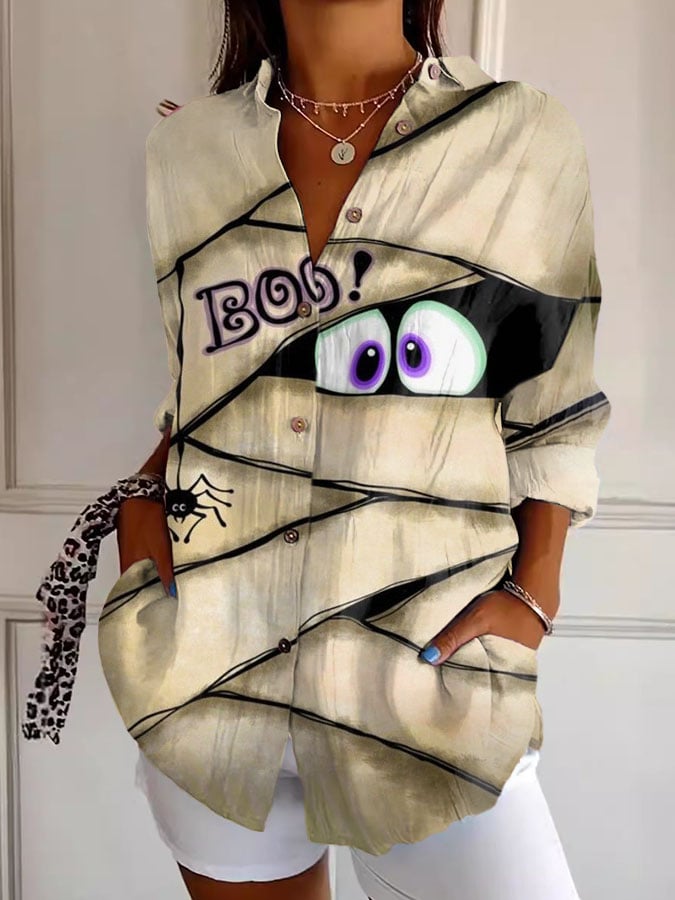 Women'S Retro Halloween Peek Monster Print Casual Shirt