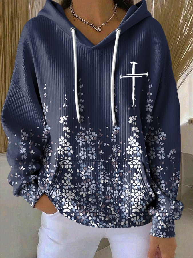 Women's Faith Floral Print Casual Hooded Sweatshirt