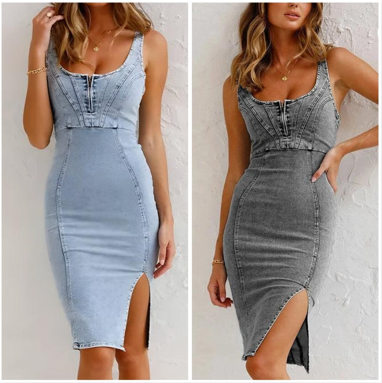Women's U-Neck Denim Bodycon Cami Dress