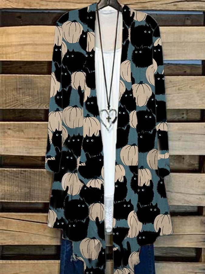 Women's Cute Black Cat And Pumpkin Print Casual Cardigan