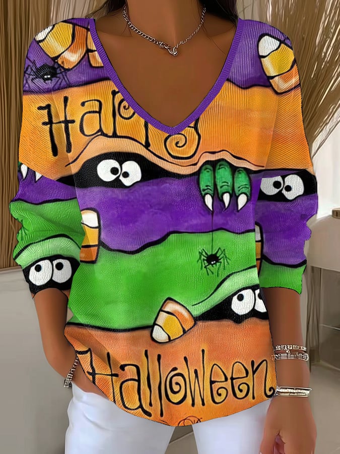 Women'S Retro Halloween Peek Monster Print T-Shirt