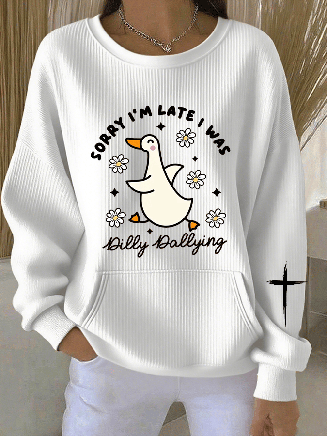 Women's Sorry I'm Late His Timing Not Mine Ecclesiastes 3:1 Funny Silly Goose Print Sweatshirt