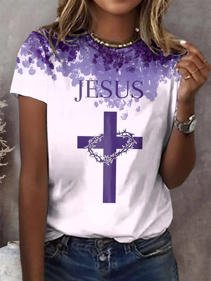 Women's Floral Cross Faith Print Short Sleeve T-Shirt