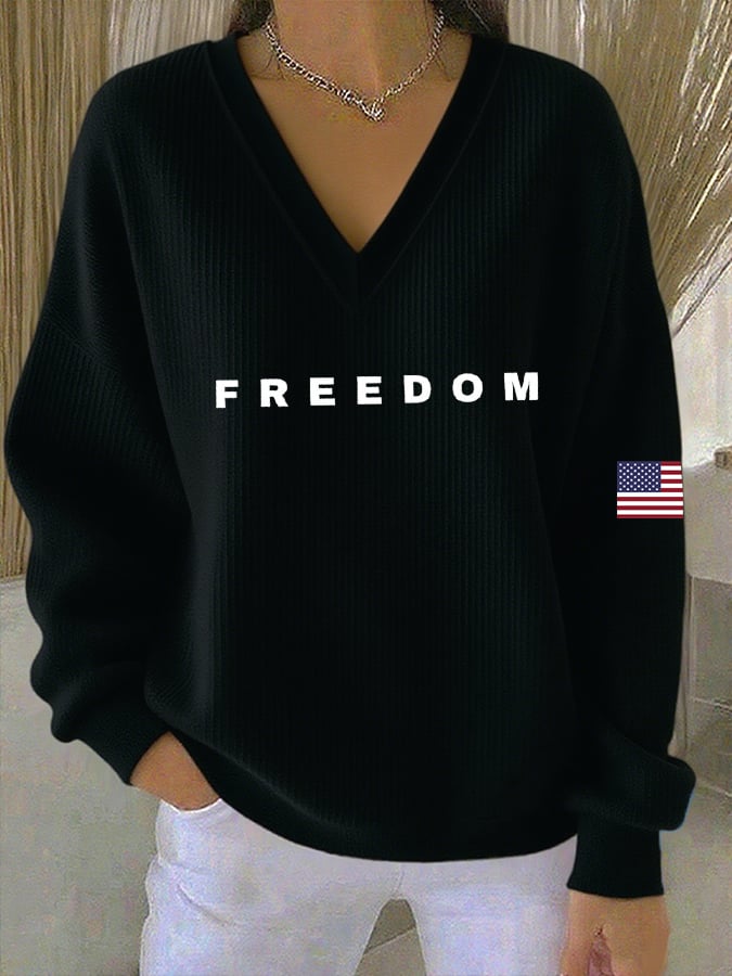 Women's Print Knit V Neck Long Sleeve Top