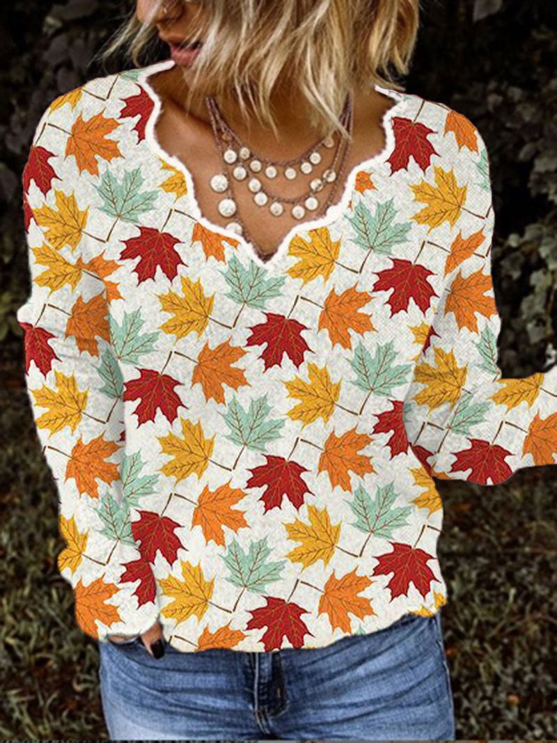 Women's Autumn Maple Leaf Print V-Neck Top