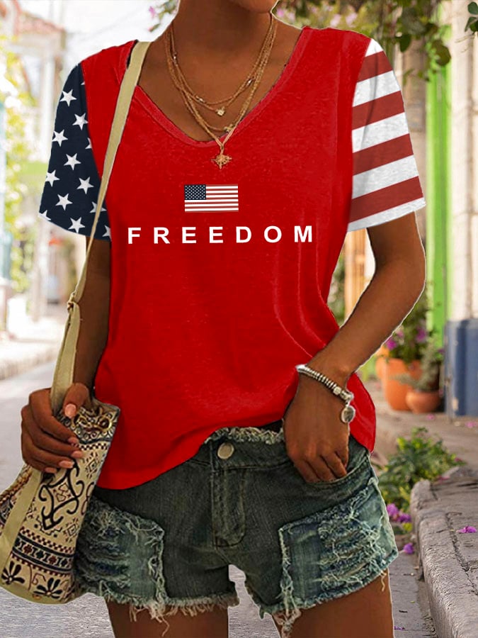 Women's Freedom American Flag Print Casual T-Shirt