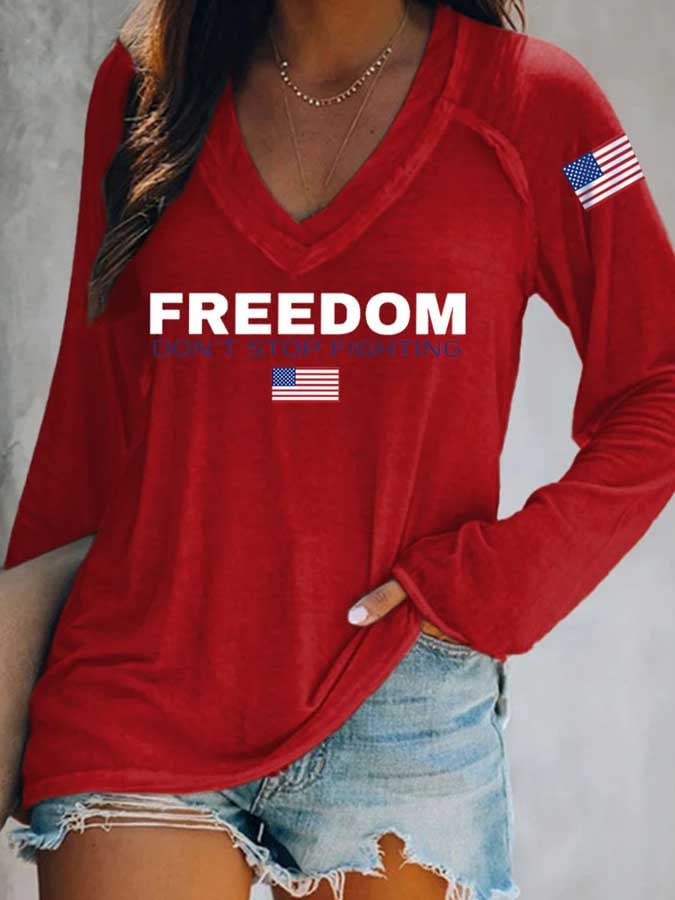 Women's Freedom American Flag Print Casual T-Shirt