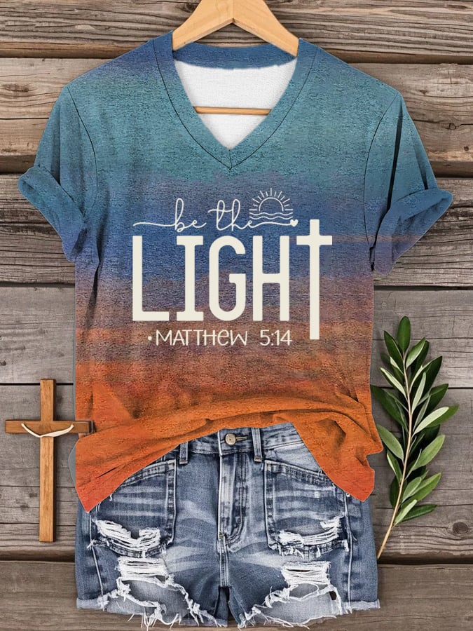 Women's Faith Cross "BE THE LIGHT Matthew 5:14" Printed Casual T-Shirt