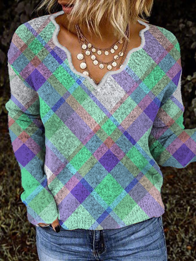 Casual Wave Collar Plaid Printed Plush Top