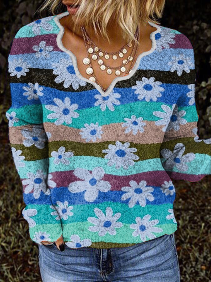 Casual Wave Collar Printed Plush Top