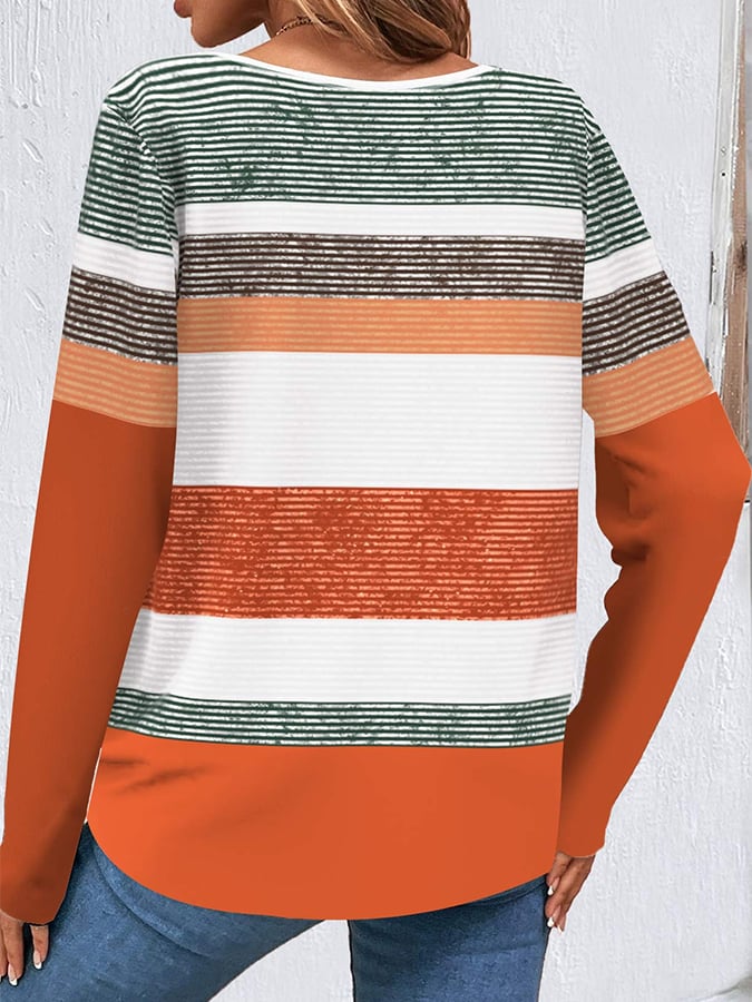 Halloween Round Neck Button Down Striped Printed T-Shirt