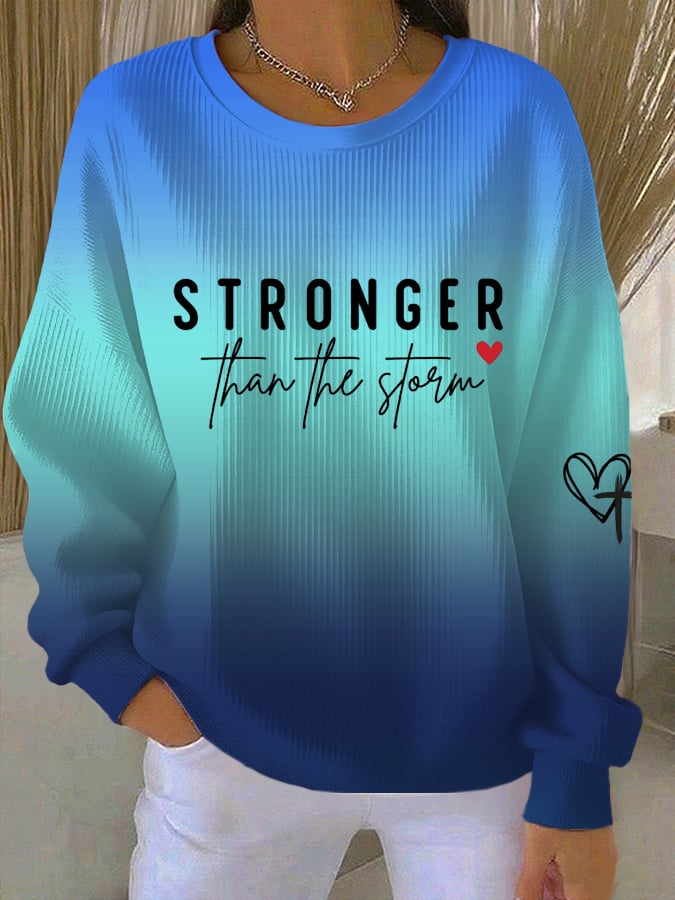 Women's Stronger Than The Storm Print Knit Crew Neck Long Sleeve Top