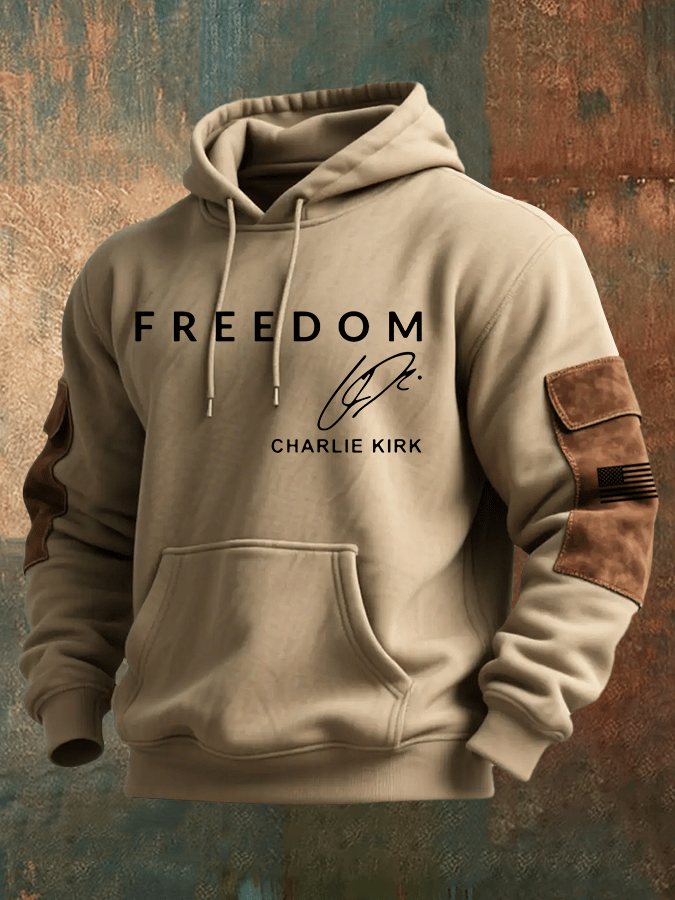 Men's Freedom Print Multi-Pocket Hooded Sweatshirt