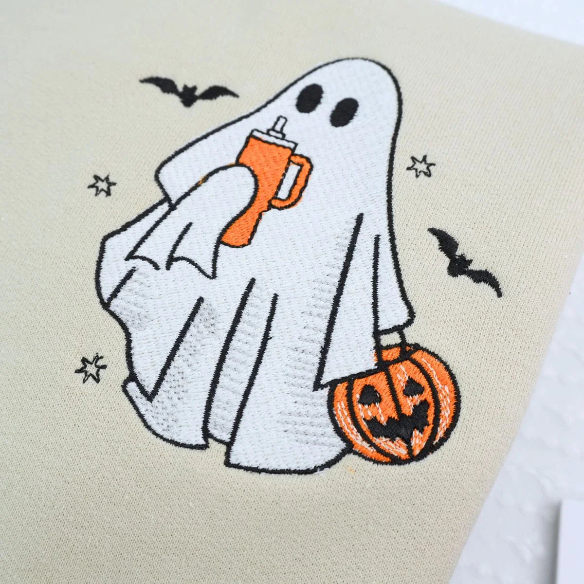 Ghost and Cat T-Shirt, Sweatshirt or Hoodie, Bats and Pumpkin, Embroidered Gift for Spooky Season
