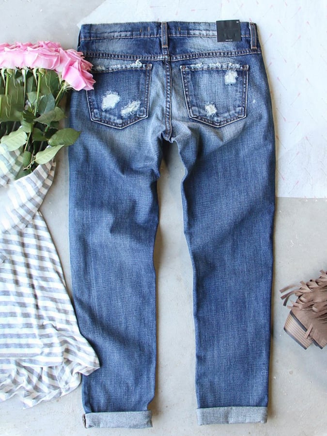 Women's Orange Plaid Graphic Ripped Patchwork Mid Waist Casual Jeans