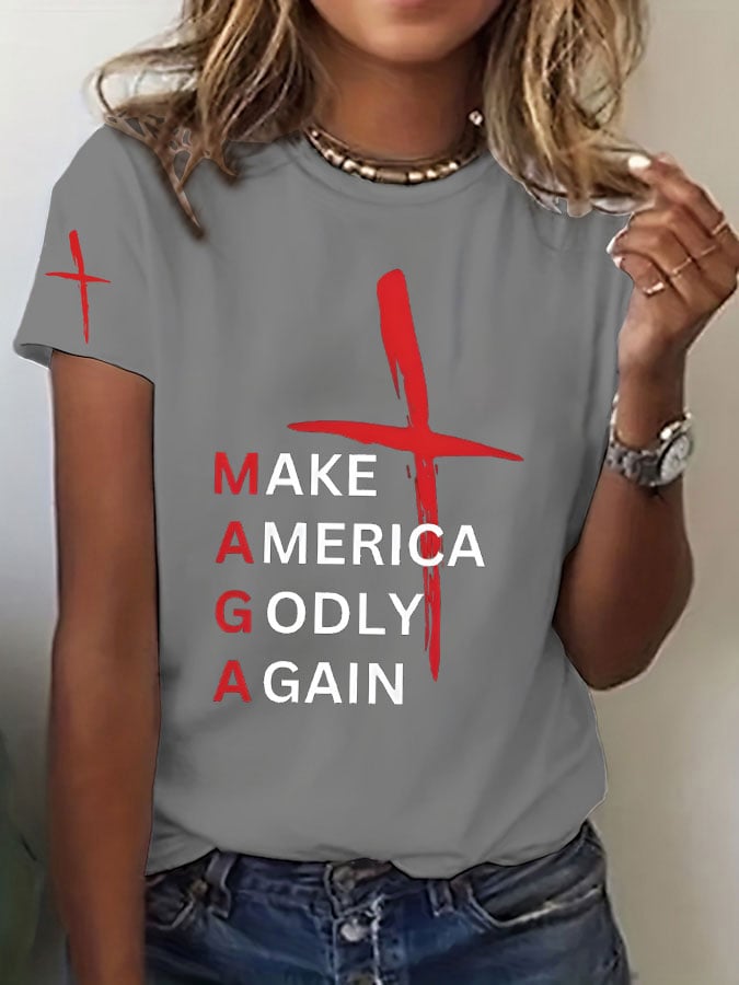 Women's Independence Day Faith Cross MAKE AMERICA GODLY AGAIN Printed Round Neck T-Shirt