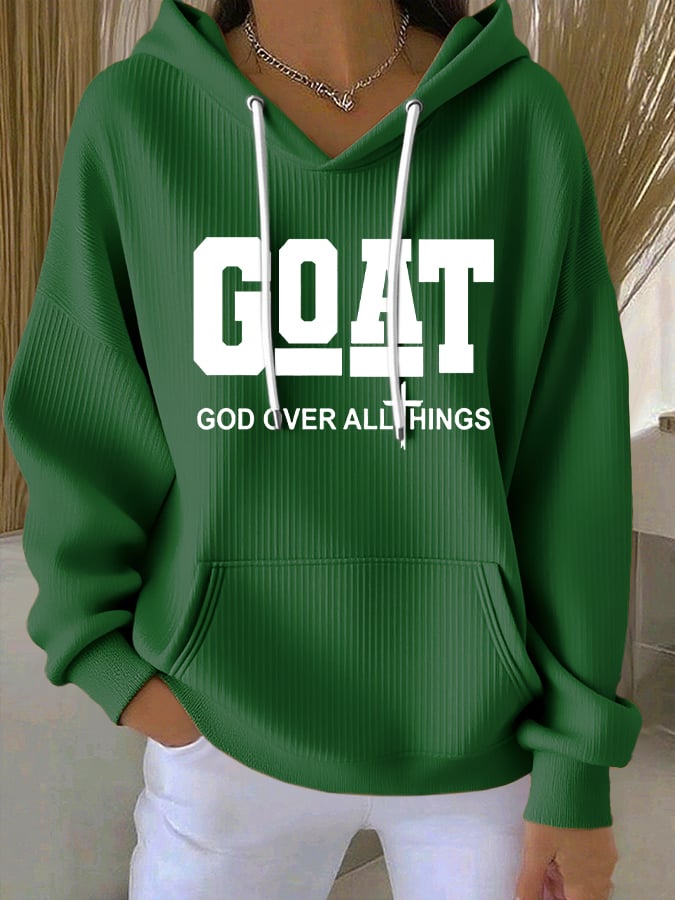 Women's Vintage Faith Goat God Over All Things Printed Casual Ribbed Hoodie