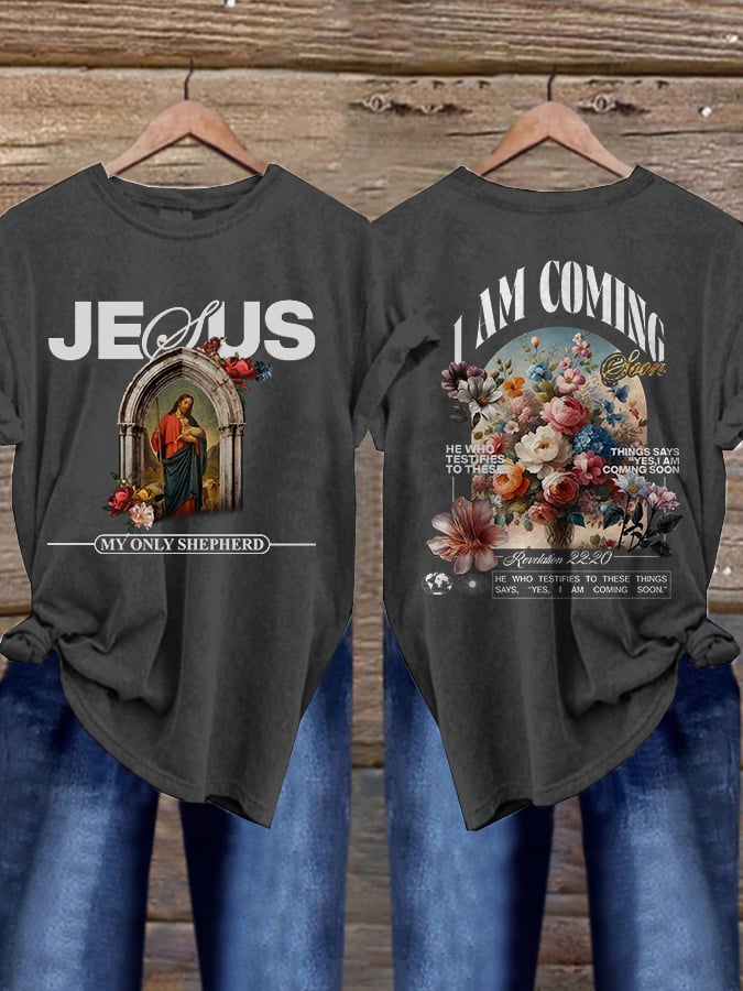 Women's Vintage Oil Painting Flowers Jesus Print Short Sleeve T-Shirt