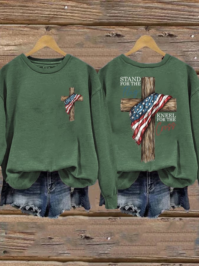 Women's Faith Stand for the Flag, Kneel for the Cross Printed Crew Neck Sweatshirt