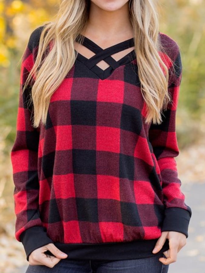 Trendy Check Print Loose Long Sleeve T-Shirt