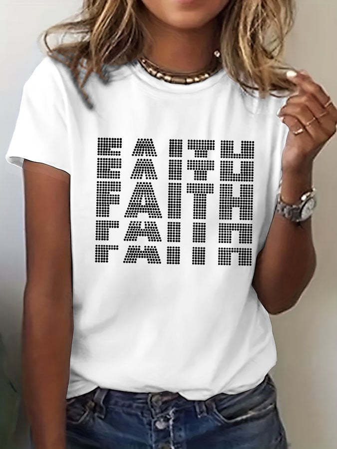 Women's Rhinestone Faith Print Casual T-Shirt