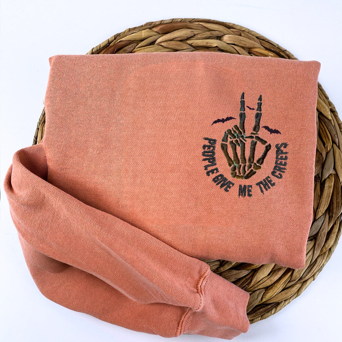 Embroidered Halloween People Give Me The Creeps Skeleton Hand T-Shirt or Sweatshirt