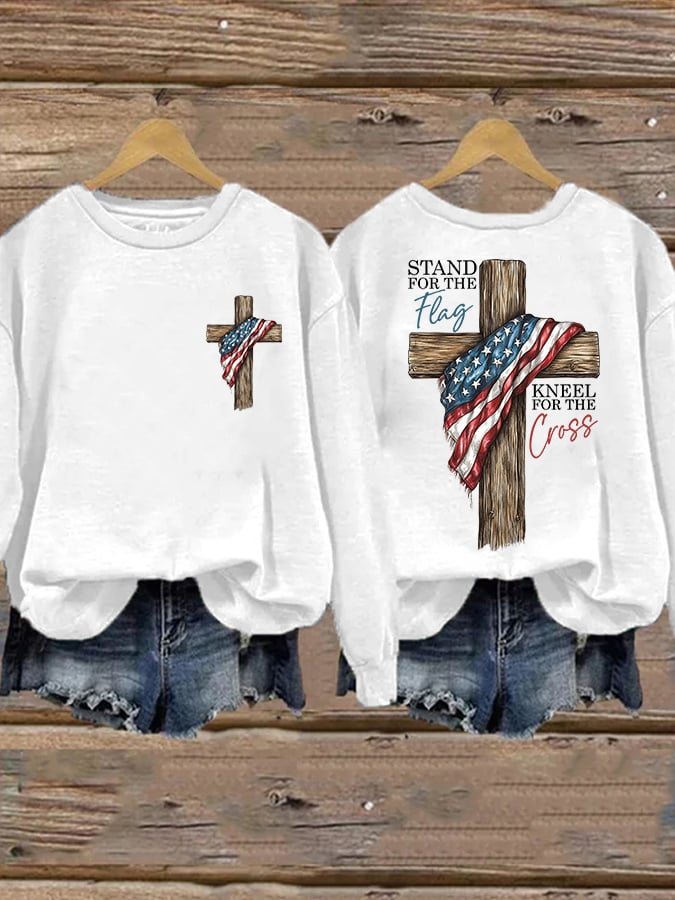 Women's Faith Stand for the Flag, Kneel for the Cross Printed Crew Neck Sweatshirt