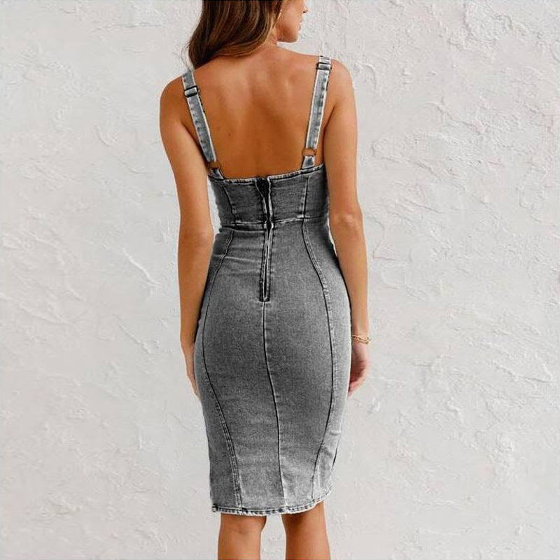 Women's U-Neck Denim Bodycon Cami Dress