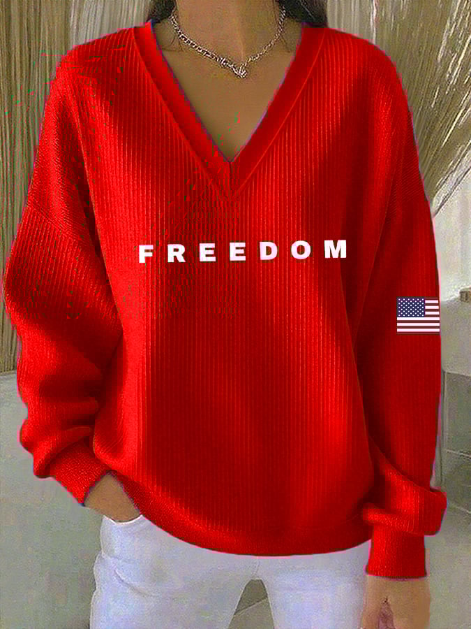 Women's Print Knit V Neck Long Sleeve Top