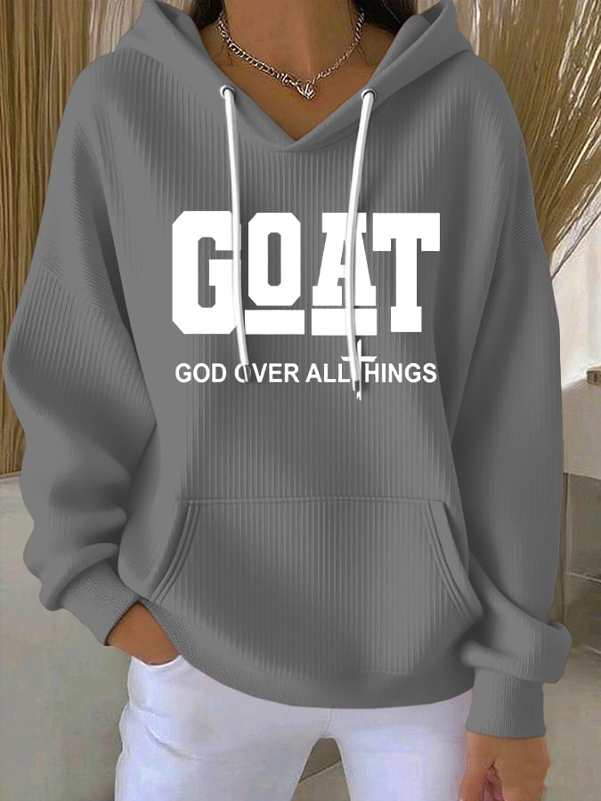 Women's Vintage Faith Goat God Over All Things Printed Casual Ribbed Hoodie