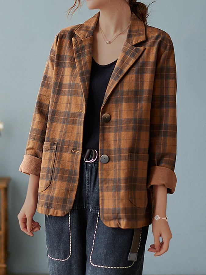 Women'S Cotton Plaid Loose Fit Blazer