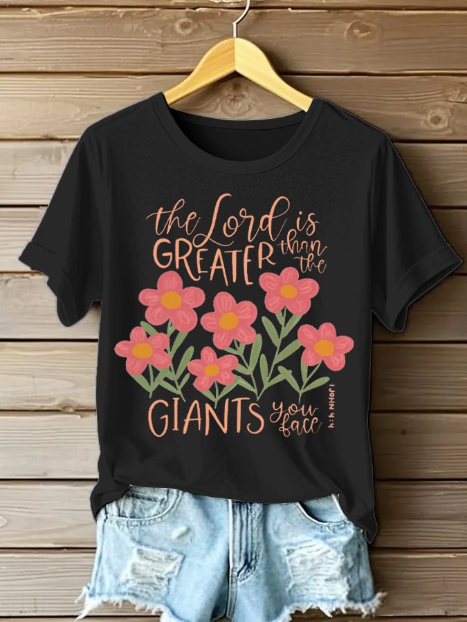 Women's The Lord Is Greater 1 John 4:4 Print Short Sleeve T-Shirt