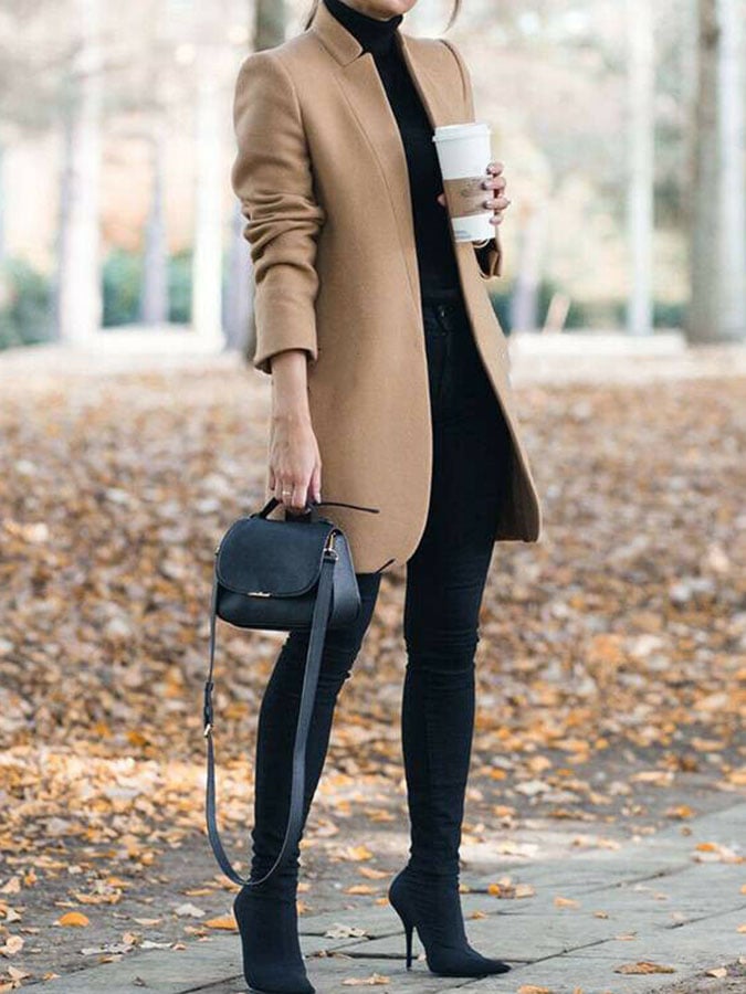Casual Solid Color Long Sleeve Woolen Coat