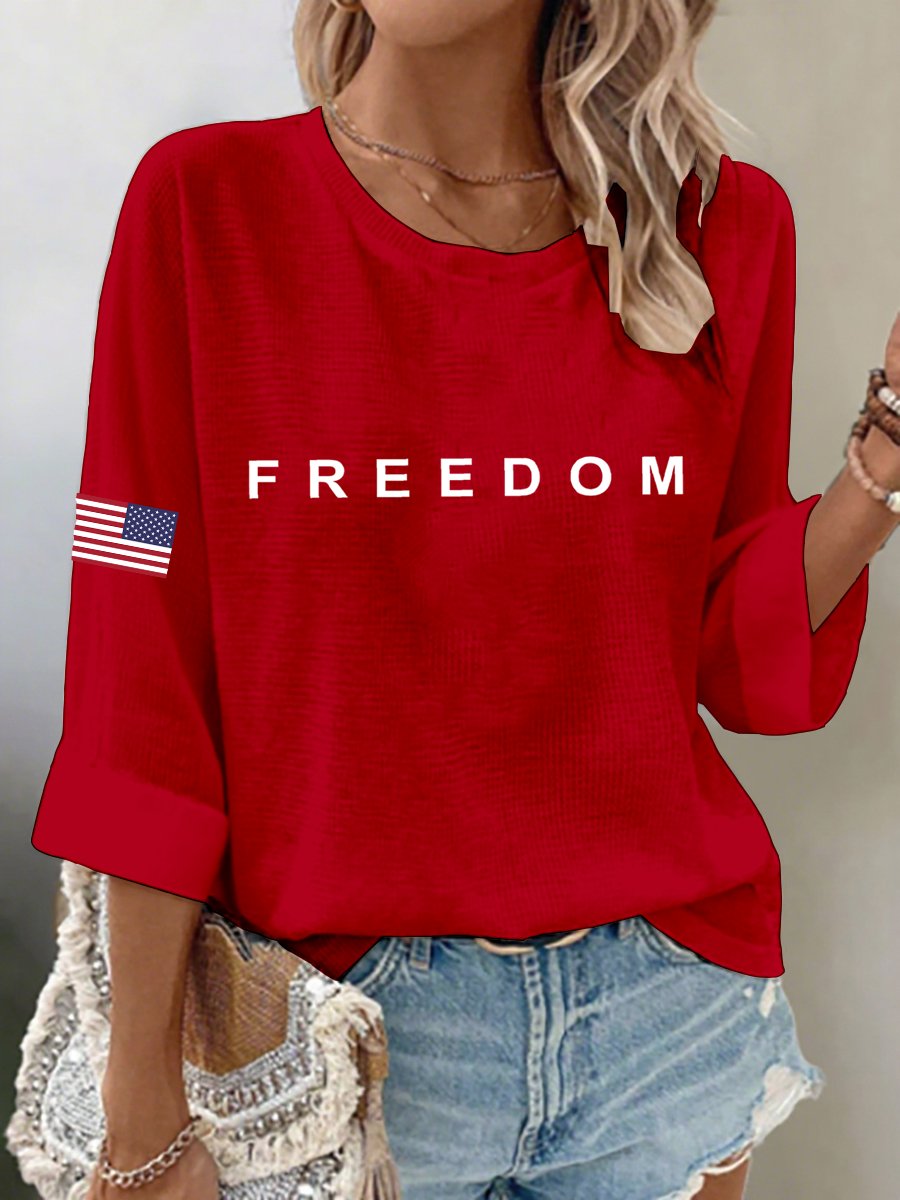 Women's Freedom American Flag Print Waffle Long Sleeve T-Shirt