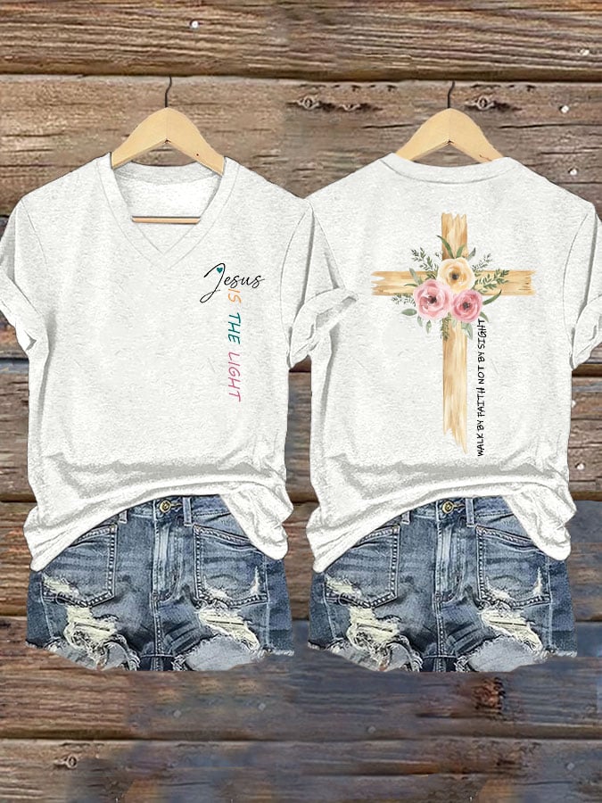 Women's faith cross JESUS IS THE LIGHT printed V-neck T-shirt
