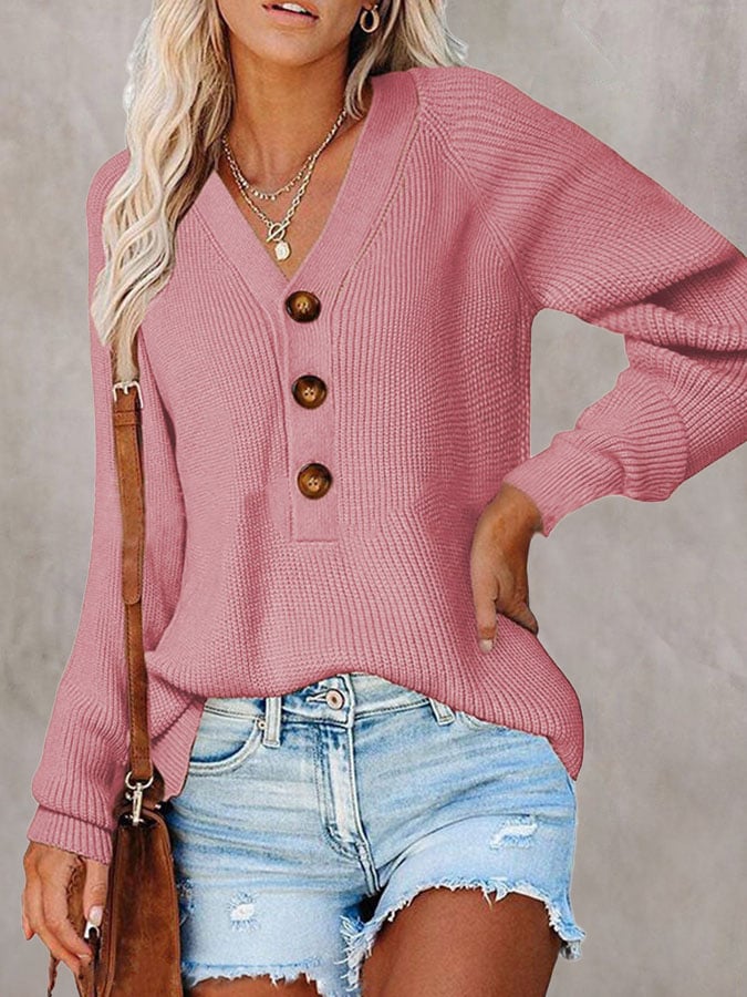Women'S Solid Color Casual V-Neck Pullover Sweater