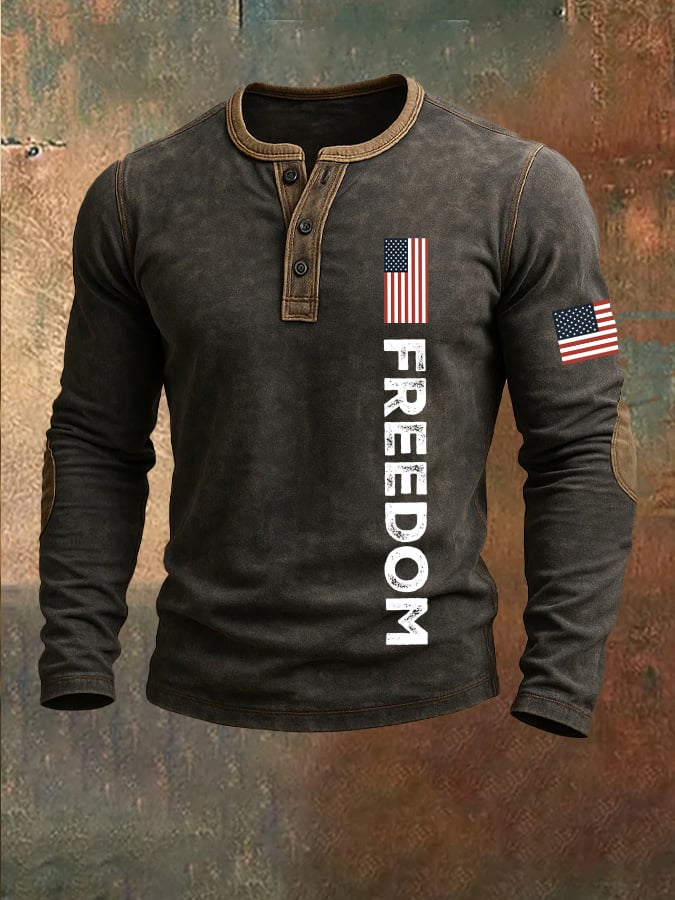 Men's Freedom American Flag Print Casual Henley Collar Shirt