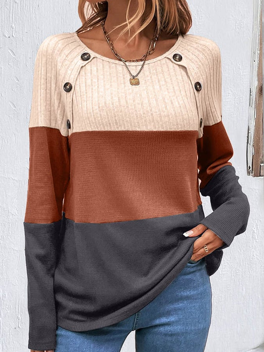 Women's Round Neck Buttoned Striped Patchwork Top