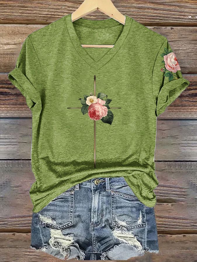 Women's Vintage Floral Metal Cross Print Short Sleeve T-Shirt