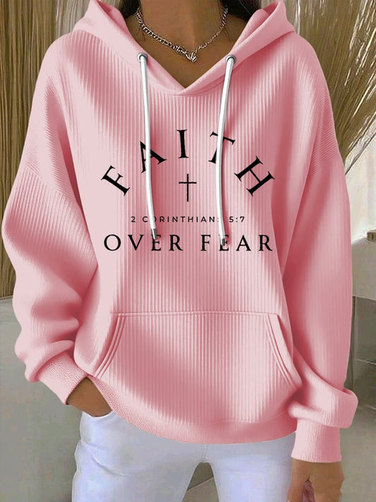 Women's Vintage Faith Faith Over Fear Printed Casual Ribbed Hoodie