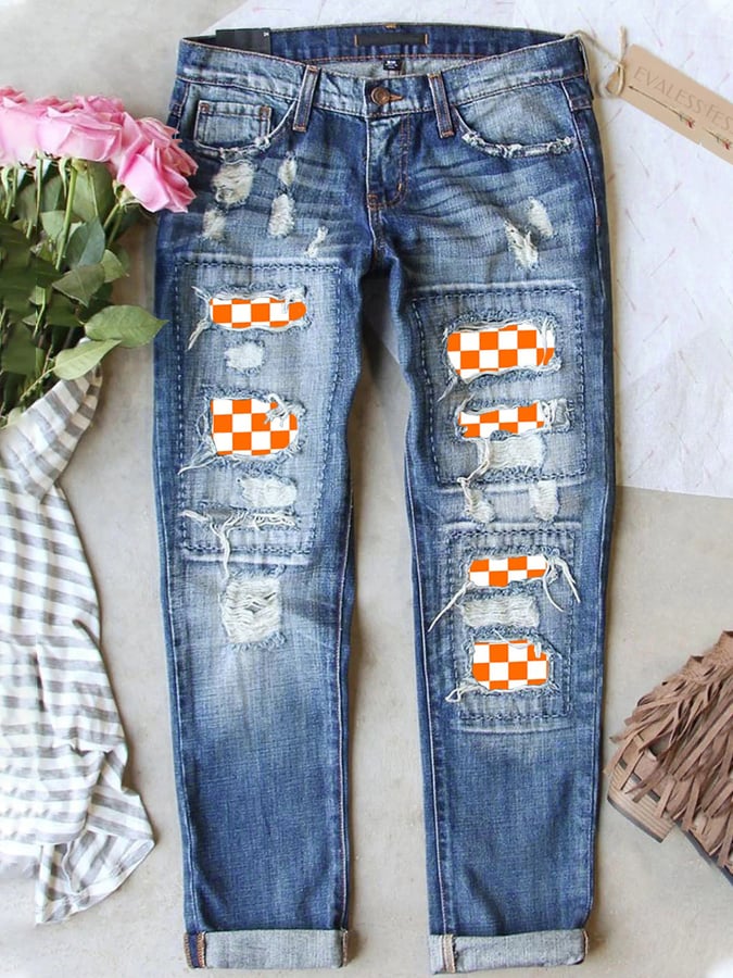 Women's Orange Plaid Graphic Ripped Patchwork Mid Waist Casual Jeans