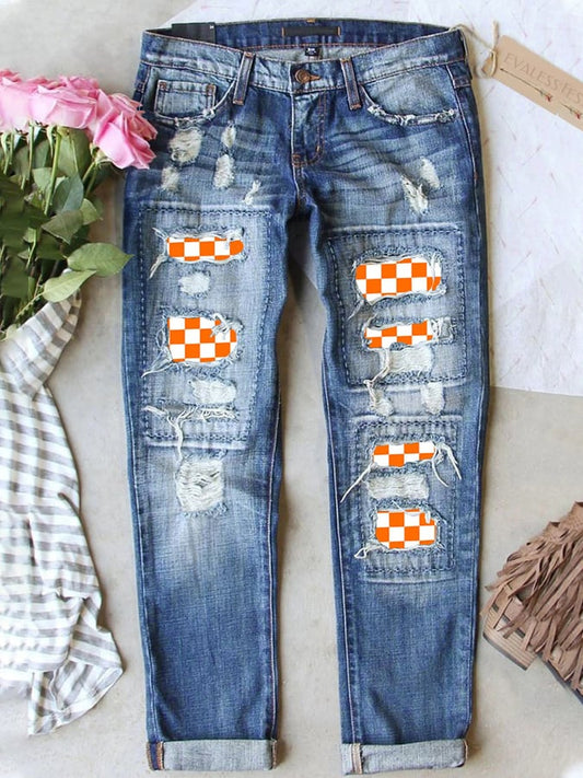 Women's Orange Plaid Graphic Ripped Patchwork Mid Waist Casual Jeans
