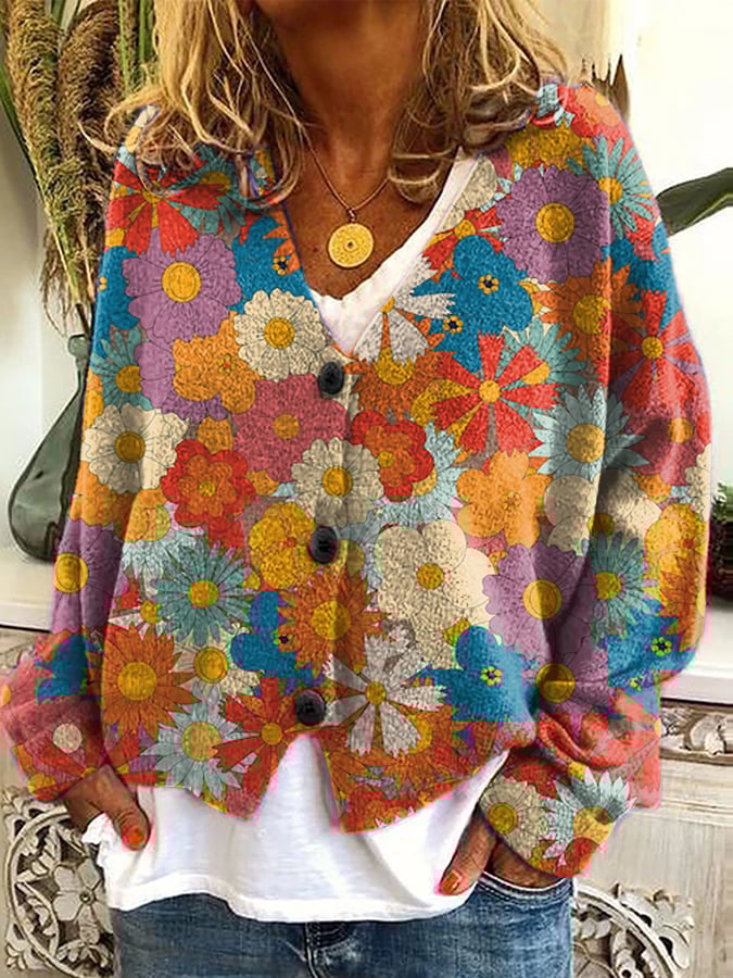 Stylish Art Floral Print Plush Cardigan