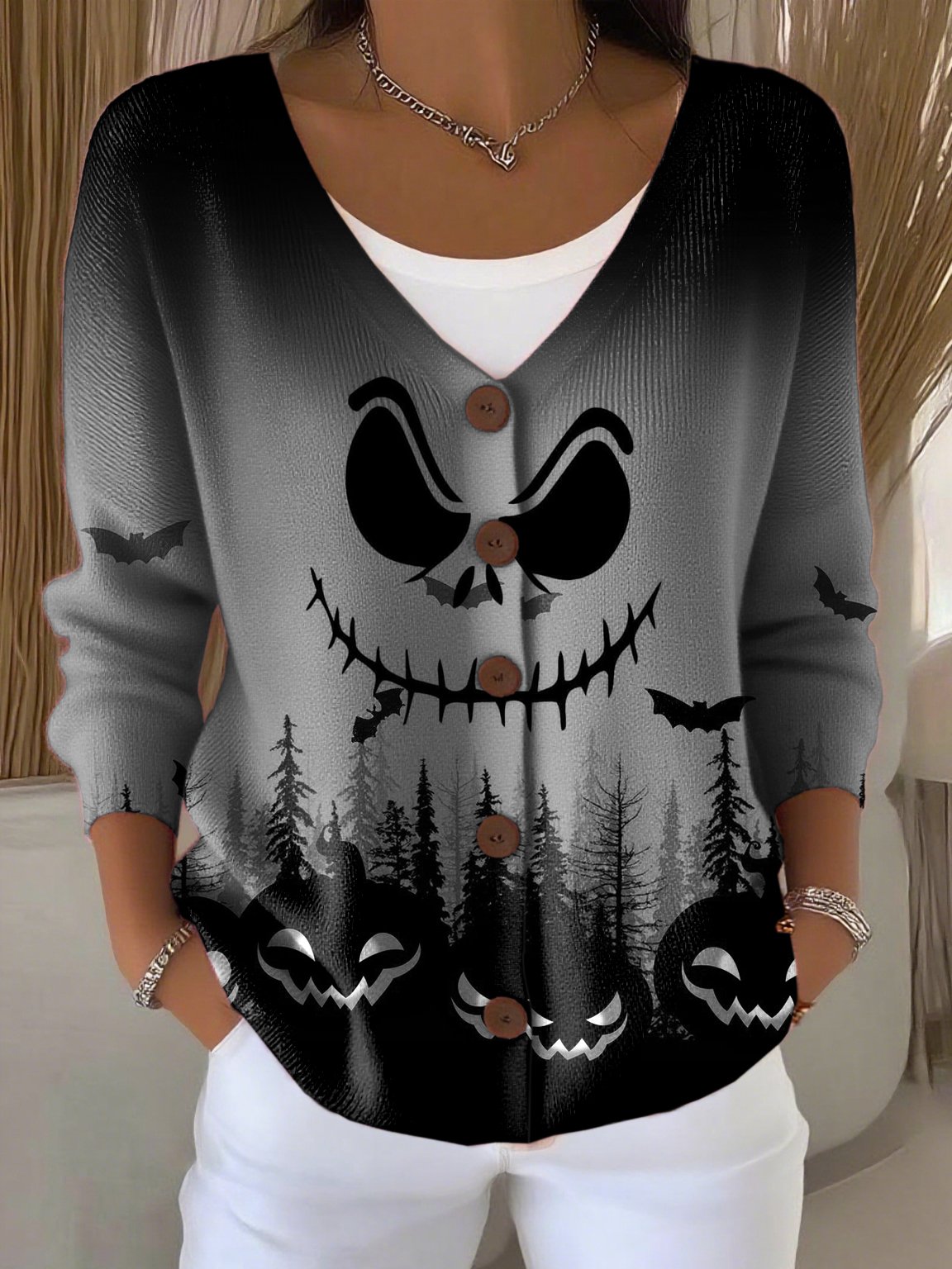 Women's Casual Retro Halloween Print Cardigan