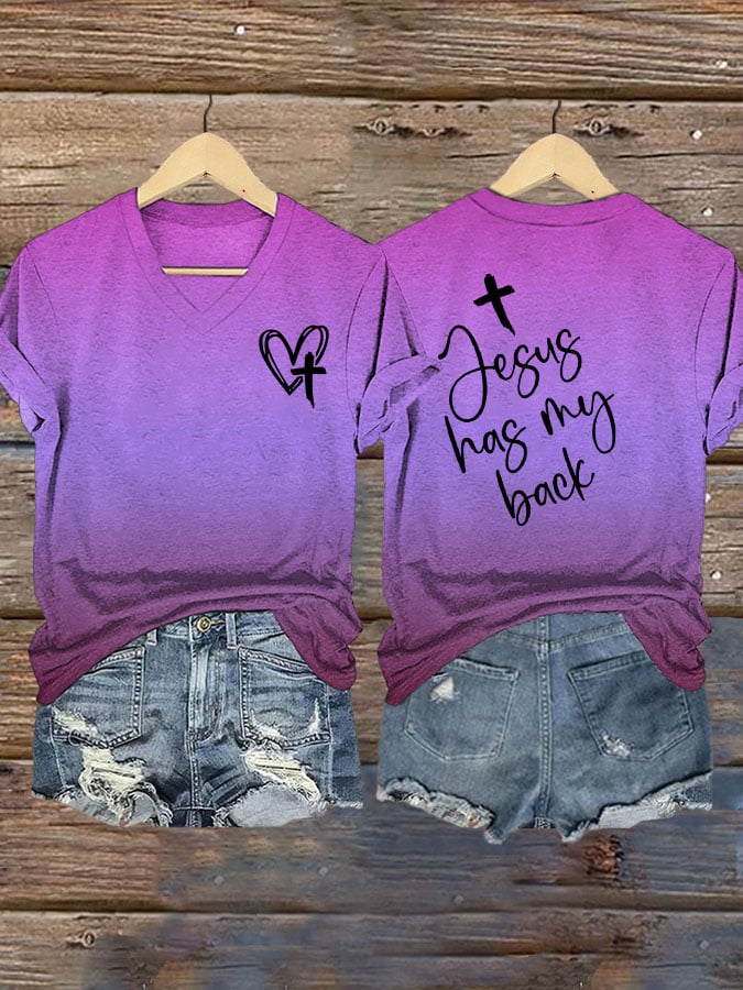 Women's Jesus Has My Back Print V Neck T-Shirt