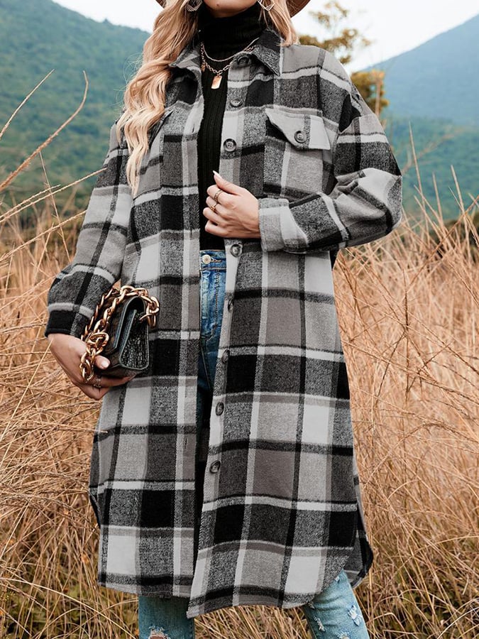 Loose Mid-Length Lapel Plaid Shirt