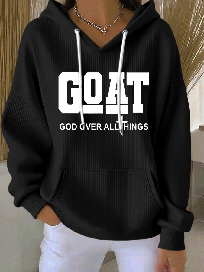Women's Vintage Faith Goat God Over All Things Printed Casual Ribbed Hoodie