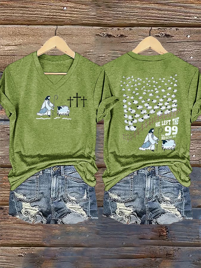 Women's Faith He Left The 99 To Rescue Me printed V-neck T-shirt