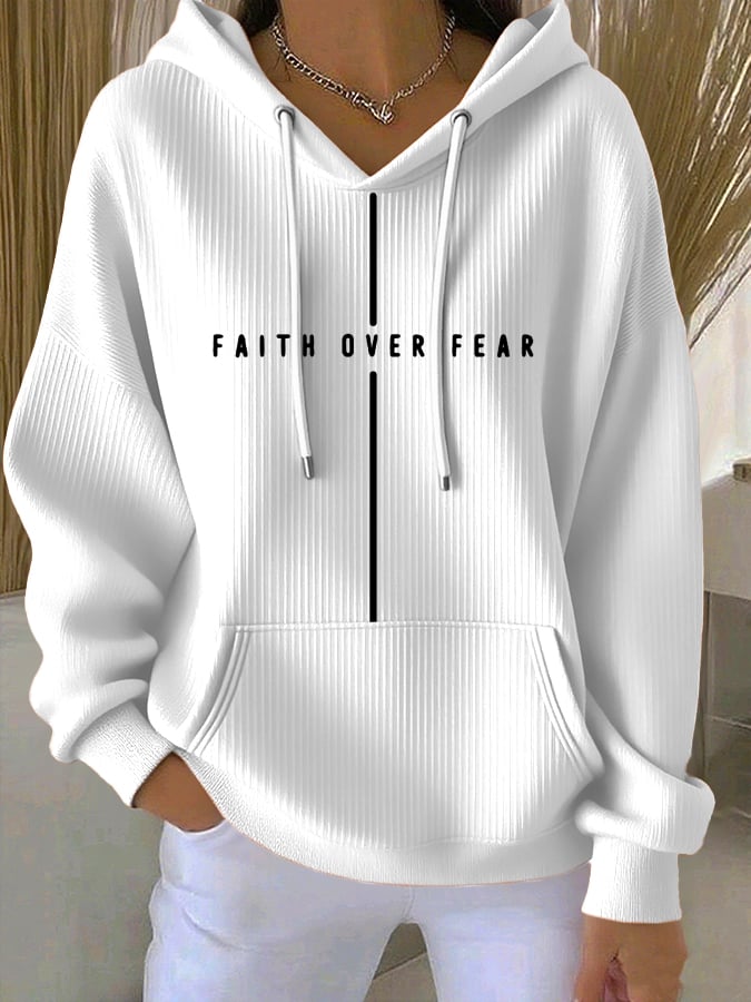 Women's Vintage Faith Faith Over Fear Printed Casual Ribbed Hoodie